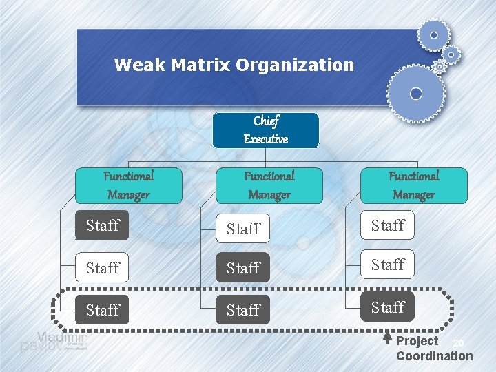 Weak Matrix Organization Chief Executive Functional Manager Staff Staff Staff Project 20 Coordination 