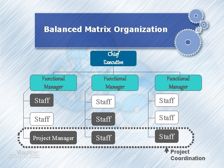 Balanced Matrix Organization Chief Executive Functional Manager Staff Staff Project Manager Staff Project 21