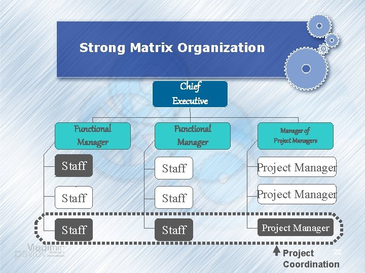 Strong Matrix Organization Chief Executive Functional Manager of Project Managers Staff Project Manager Staff