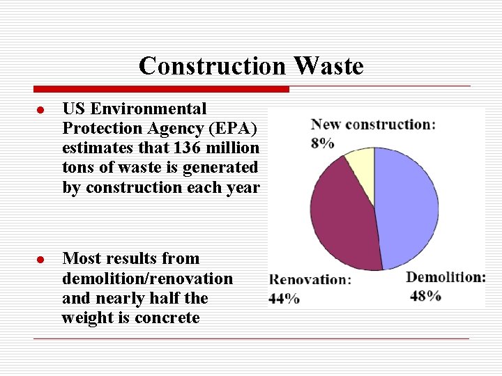 Construction Waste l US Environmental Protection Agency (EPA) estimates that 136 million tons of
