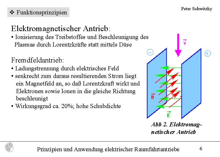 Peter Schwitzky v Funktionsprinzipien Elektromagnetischer Antrieb: • Ionisierung des Treibstoffes und Beschleunigung des Plasmas