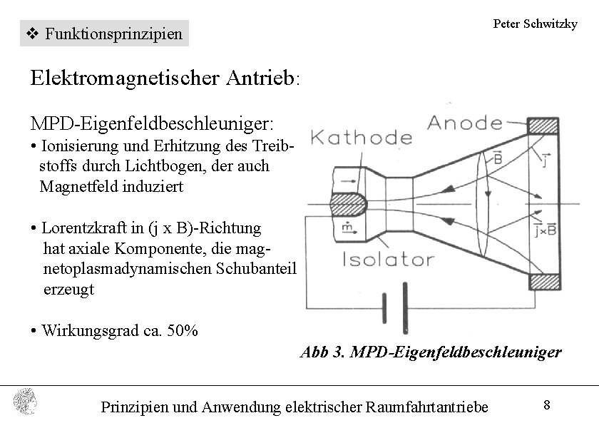 Peter Schwitzky v Funktionsprinzipien Elektromagnetischer Antrieb: MPD-Eigenfeldbeschleuniger: • Ionisierung und Erhitzung des Treibstoffs durch
