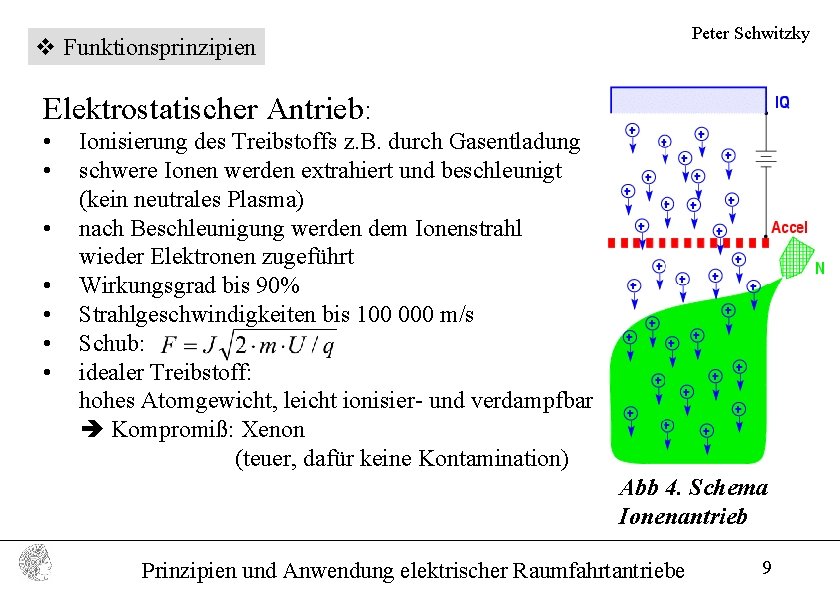 Peter Schwitzky v Funktionsprinzipien Elektrostatischer Antrieb: • • Ionisierung des Treibstoffs z. B. durch
