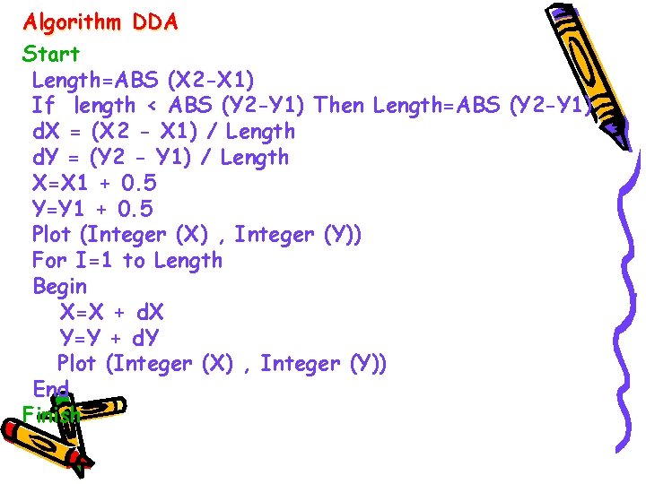 Algorithm DDA Start Length=ABS (X 2 -X 1) If length < ABS (Y 2