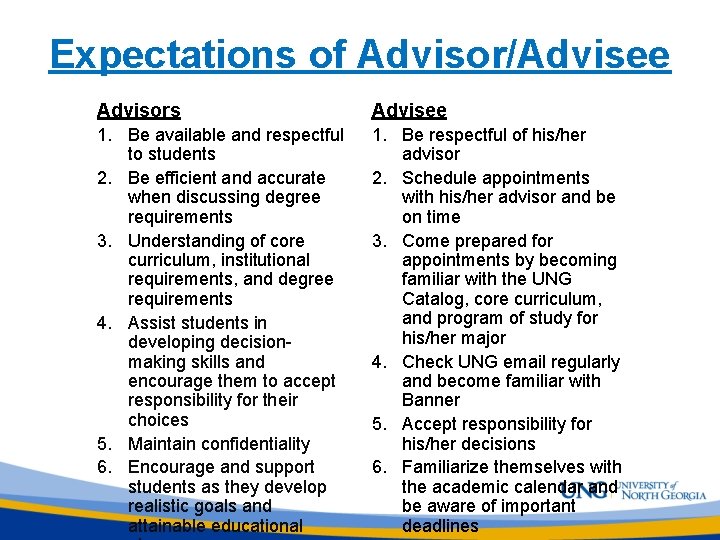 Expectations of Advisor/Advisee Advisors Advisee 1. Be available and respectful to students 2. Be