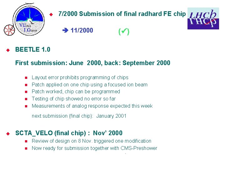 u 7/2000 Submission of final radhard FE chip 11/2000 u ( ) BEETLE 1.