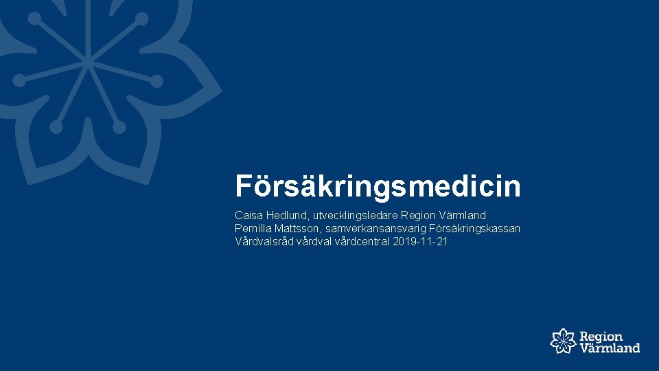 Försäkringsmedicin Caisa Hedlund, utvecklingsledare Region Värmland Pernilla Mattsson, samverkansansvarig Försäkringskassan Vårdvalsråd vårdval vårdcentral 2019