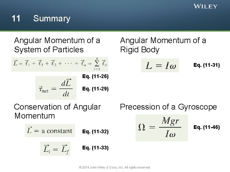 11 Summary Angular Momentum of a System of Particles Angular Momentum of a Rigid