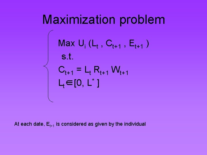 Maximization problem Max Ui (Lt , Ct+1 , Et+1 ) s. t. Ct+1 =