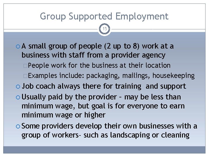 Group Supported Employment 15 A small group of people (2 up to 8) work
