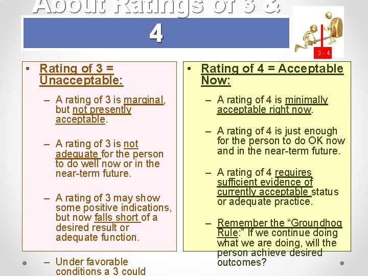 About Ratings of 3 & 4 3 -4 • Rating of 3 = Unacceptable: