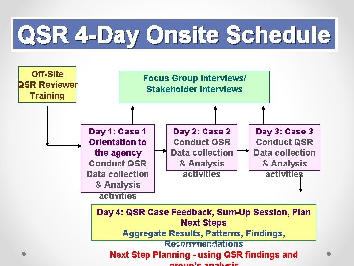 QSR 4 -Day Onsite Schedule Off-Site QSR Reviewer Training Focus Group Interviews/ Stakeholder Interviews