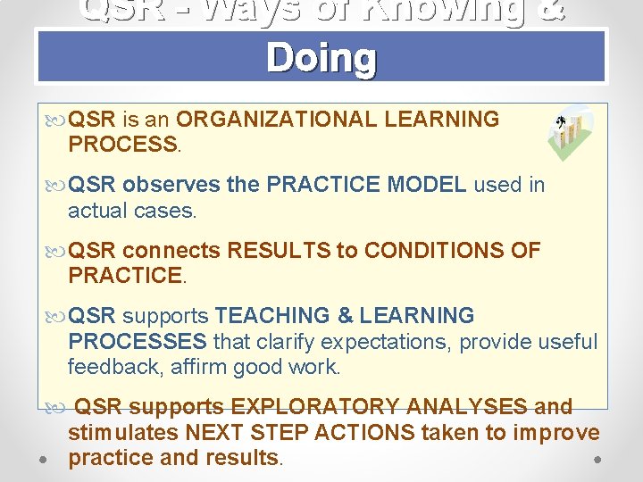 QSR - Ways of Knowing & Doing QSR is an ORGANIZATIONAL LEARNING PROCESS. QSR