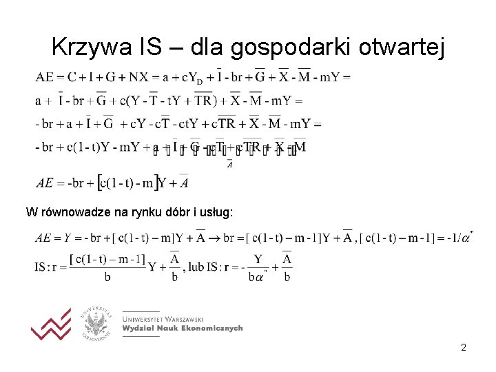 Krzywa IS – dla gospodarki otwartej W równowadze na rynku dóbr i usług: 2