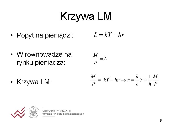 Krzywa LM • Popyt na pieniądz : • W równowadze na rynku pieniądza: •