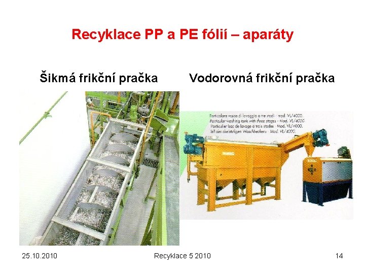 Recyklace PP a PE fólií – aparáty Šikmá frikční pračka 25. 10. 2010 Vodorovná