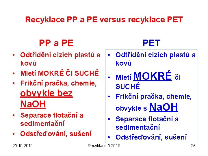 Recyklace PP a PE versus recyklace PET PP a PE PET • Odtřídění cizích