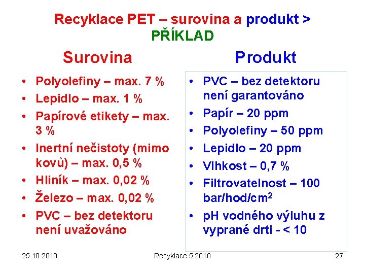 Recyklace PET – surovina a produkt > PŘÍKLAD Surovina Produkt • Polyolefiny – max.