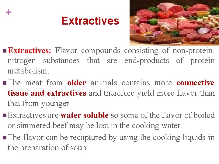 + n Extractives: Extractives Flavor compounds consisting of non-protein, nitrogen substances that are end-products