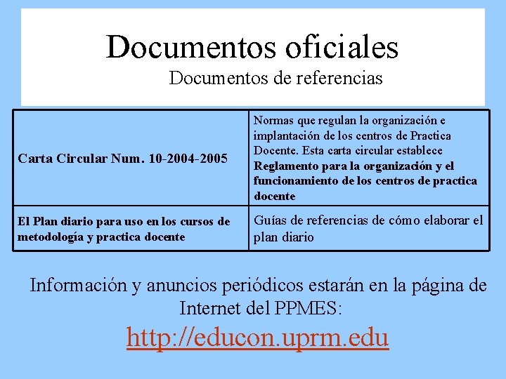 Documentos oficiales Documentos de referencias Carta Circular Num. 10 -2004 -2005 Normas que regulan