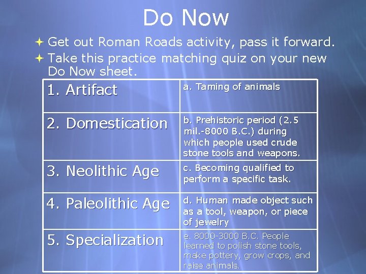 Do Now Get out Roman Roads activity, pass it forward. Take this practice matching