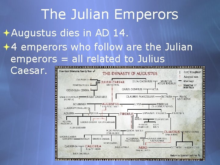 The Julian Emperors Augustus dies in AD 14. 4 emperors who follow are the