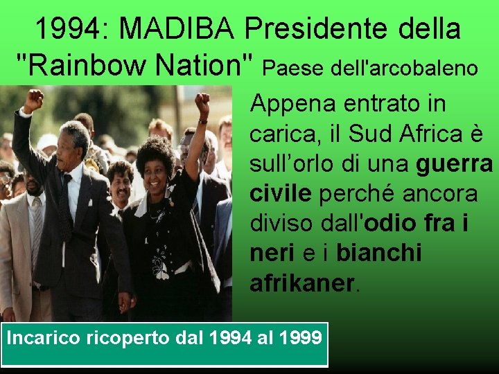 1994: MADIBA Presidente della "Rainbow Nation" Paese dell'arcobaleno Appena entrato in carica, il Sud