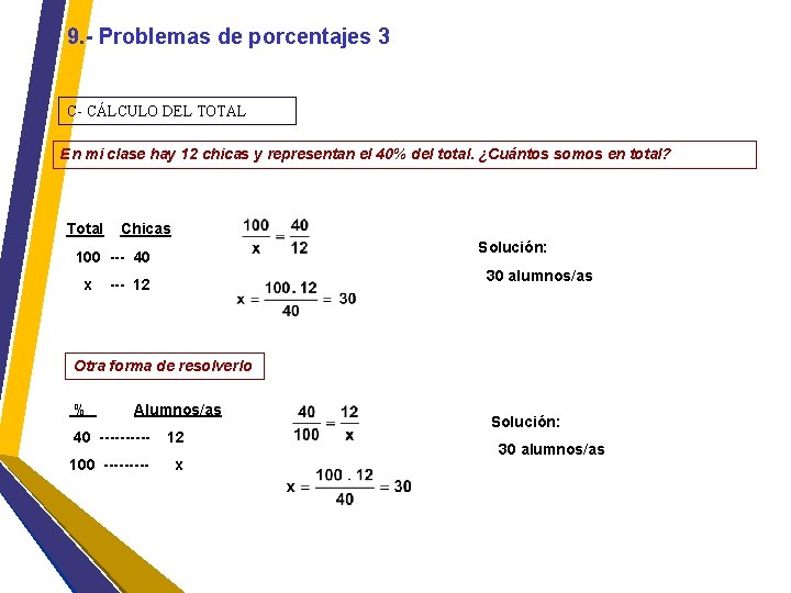 9. - Problemas de porcentajes 3 C- CÁLCULO DEL TOTAL En mi clase hay