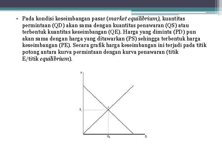  • Pada kondisi keseimbangan pasar (market equilibrium), kuantitas permintaan (QD) akan sama dengan