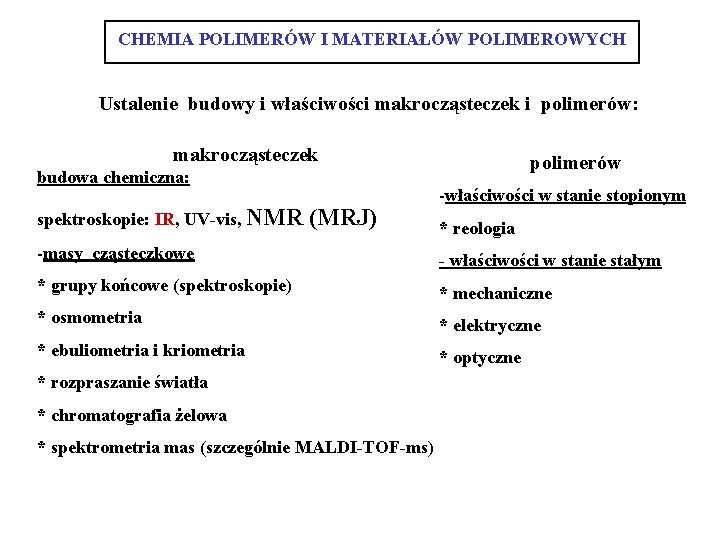 CHEMIA POLIMERÓW I MATERIAŁÓW POLIMEROWYCH Ustalenie budowy i właściwości makrocząsteczek i polimerów: makrocząsteczek budowa