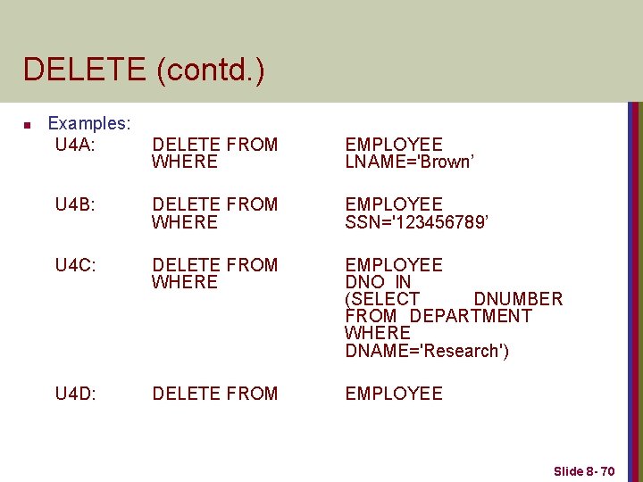 DELETE (contd. ) n Examples: U 4 A: DELETE FROM WHERE EMPLOYEE LNAME='Brown’ U