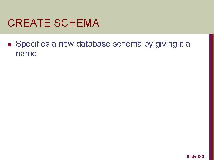 CREATE SCHEMA n Specifies a new database schema by giving it a name Slide