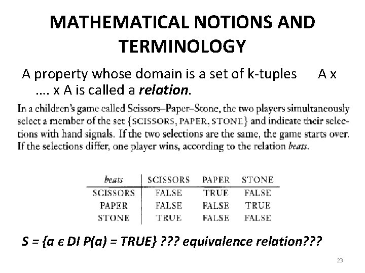 MATHEMATICAL NOTIONS AND TERMINOLOGY A property whose domain is a set of k-tuples ….