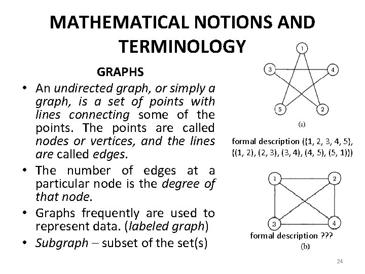 MATHEMATICAL NOTIONS AND TERMINOLOGY • • GRAPHS An undirected graph, or simply a graph,