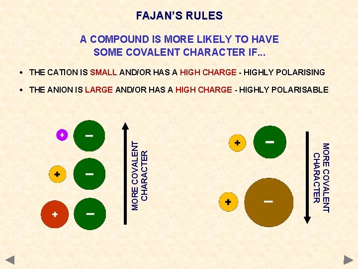FAJAN’S RULES A COMPOUND IS MORE LIKELY TO HAVE SOME COVALENT CHARACTER IF. .