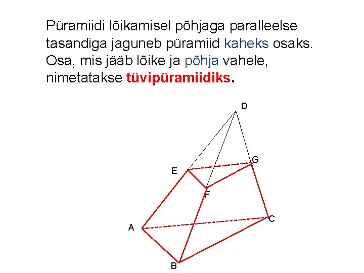 Püramiidi lõikamisel põhjaga paralleelse tasandiga jaguneb püramiid kaheks osaks. Osa, mis jääb lõike ja