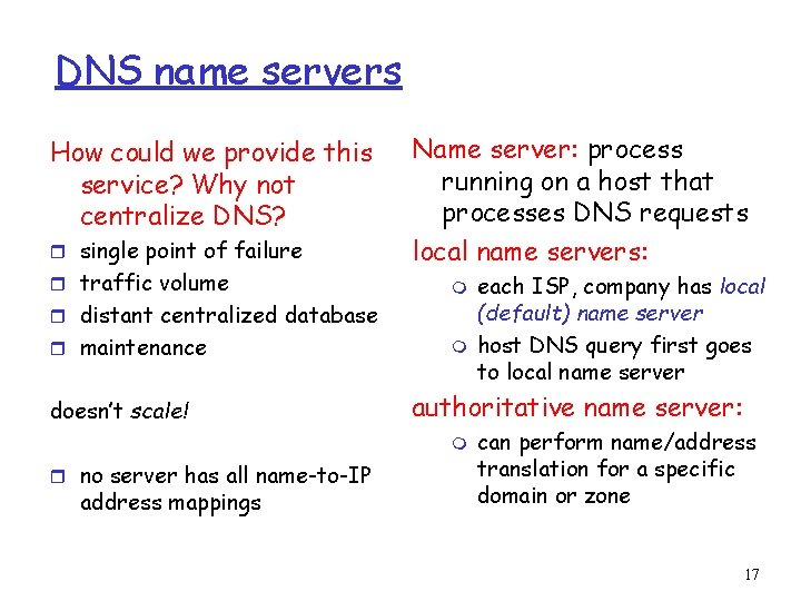 DNS name servers How could we provide this service? Why not centralize DNS? r