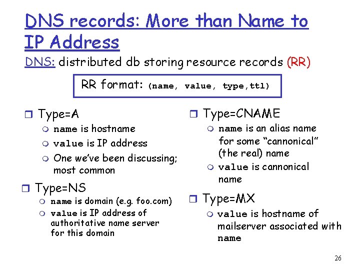 DNS records: More than Name to IP Address DNS: distributed db storing resource records
