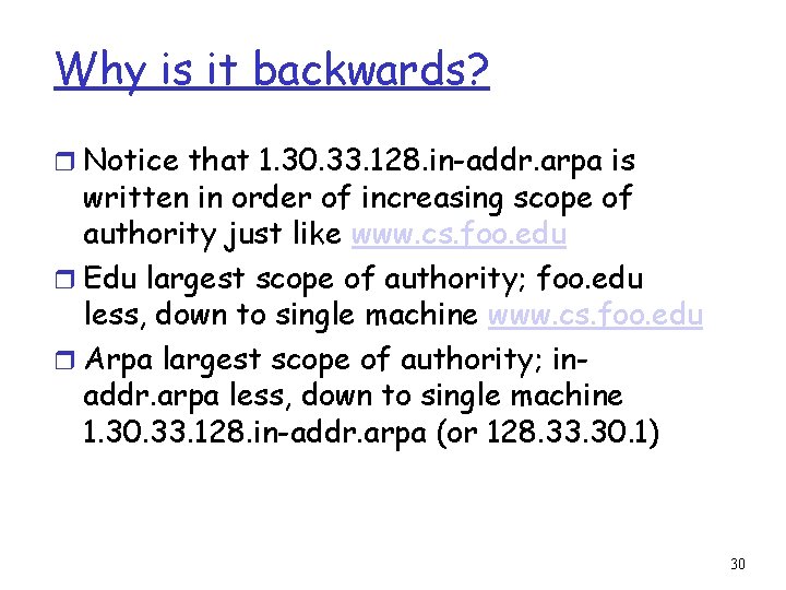 Why is it backwards? r Notice that 1. 30. 33. 128. in-addr. arpa is