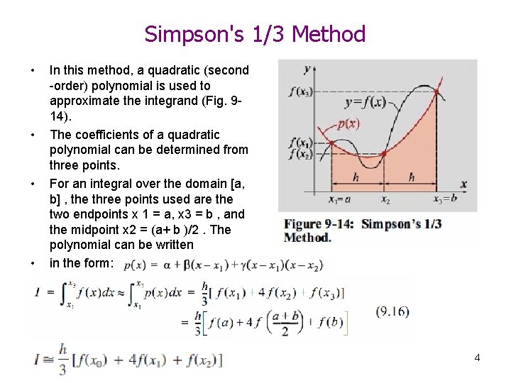 Simpson's 1/3 Method • • In this method, a quadratic (second -order) polynomial is
