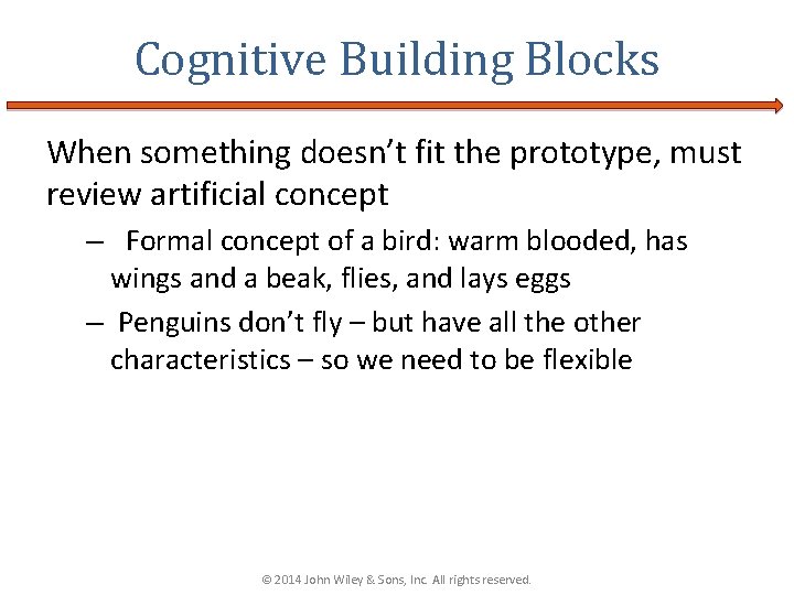 Cognitive Building Blocks When something doesn’t fit the prototype, must review artificial concept –