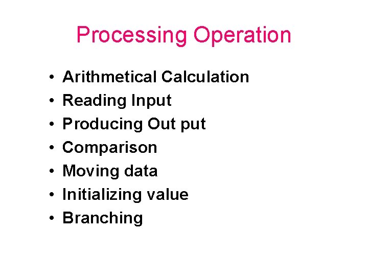 Processing Operation • • Arithmetical Calculation Reading Input Producing Out put Comparison Moving data