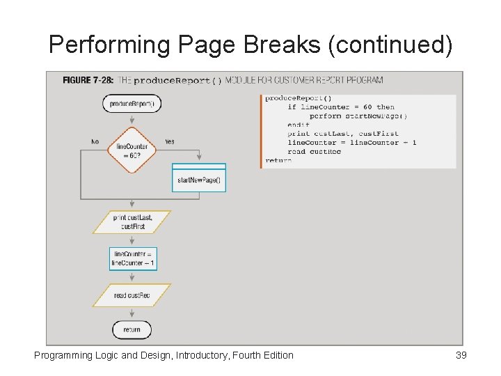 Performing Page Breaks (continued) Programming Logic and Design, Introductory, Fourth Edition 39 