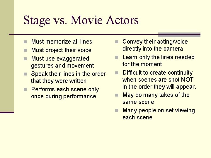 Stage vs. Movie Actors n Must memorize all lines n Convey their acting/voice n