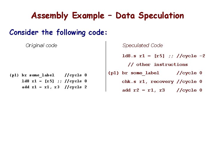 Assembly Example – Data Speculation Consider the following code: Original code Speculated Code ld
