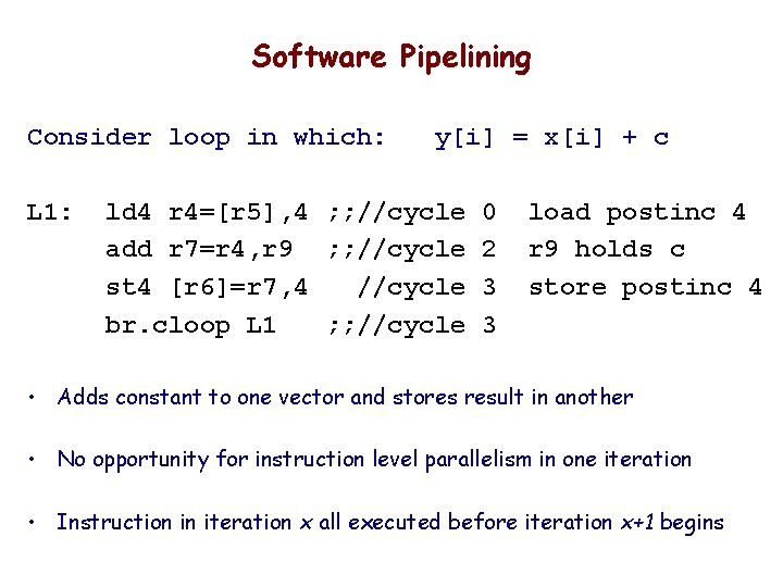 Software Pipelining Consider loop in which: L 1: y[i] = x[i] + c ld