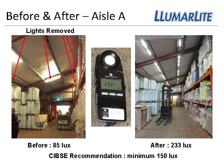 Before & After – Aisle A Lights Removed Before : 85 lux After :