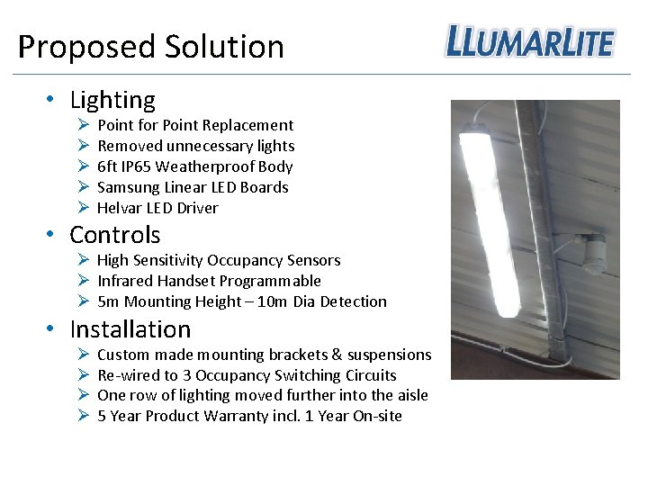 Proposed Solution • Lighting Ø Ø Ø Point for Point Replacement Removed unnecessary lights