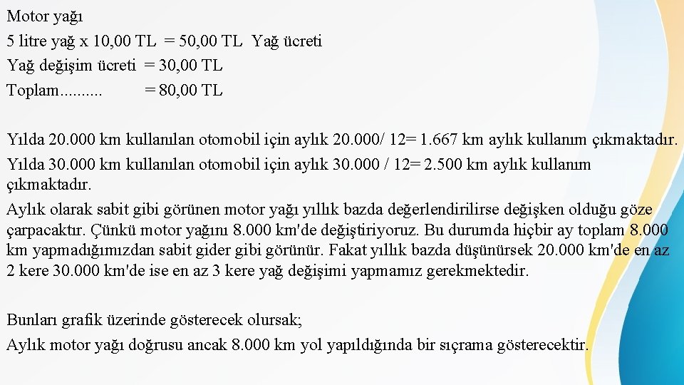 Motor yağı 5 litre yağ x 10, 00 TL = 50, 00 TL Yağ