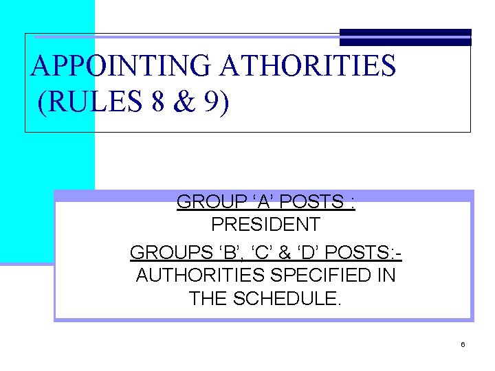 APPOINTING ATHORITIES (RULES 8 & 9) GROUP ‘A’ POSTS : PRESIDENT GROUPS ‘B’, ‘C’